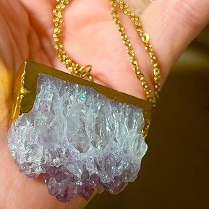 Amethyst Necklace Crystal Pendant with gold leaf frame & gold plated chain.